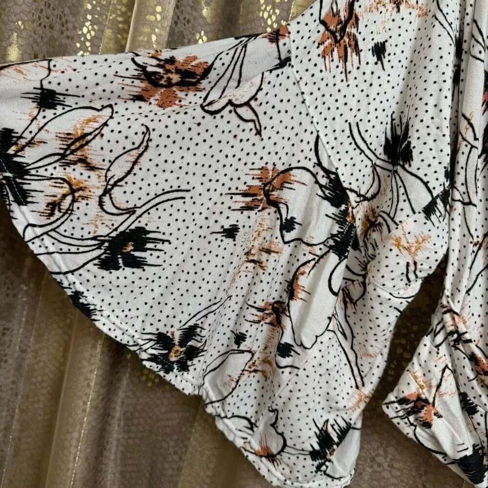 Free People Last Time Draped Bell Sleeve‎ White Floral Boho Surplice Top Small